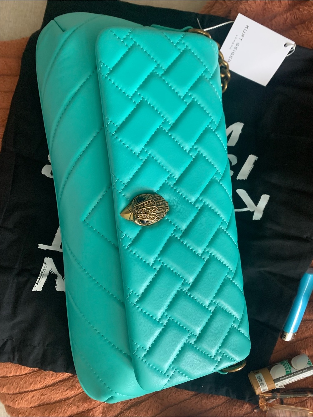 Kurt Geiger Turquoise Quilted Leather Shoulder Bag with Gold Clasp
